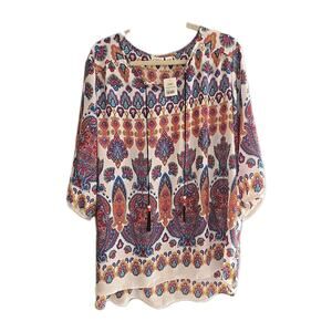 NWT Cato Multicolor Damask Tassel‎ 3/4 Sleeve Boho Top Womans Plus Size 18/20W